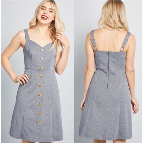 ModCloth Alfresco Invitation Houndstooth Dress Navy Gray Button Front Medium - Picture 1 of 10
